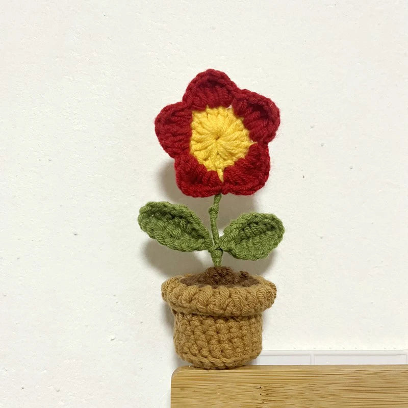 1/2/4Pcs DIY Handwoven Mini Potted Flower Rose Office Desktop Ornamental Potted Plants Woolen Thread Finished Product Home Decor