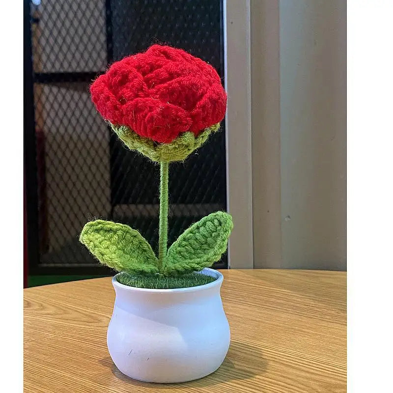 1/2/4Pcs DIY Handwoven Mini Potted Flower Rose Office Desktop Ornamental Potted Plants Woolen Thread Finished Product Home Decor
