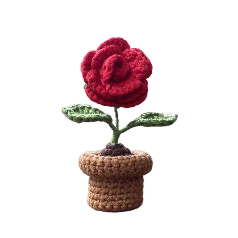 1/2/4Pcs DIY Handwoven Mini Potted Flower Rose Office Desktop Ornamental Potted Plants Woolen Thread Finished Product Home Decor