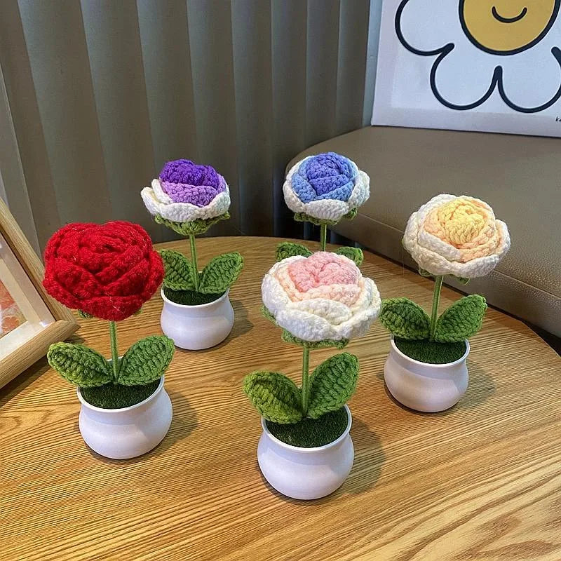 1/2/4Pcs DIY Handwoven Mini Potted Flower Rose Office Desktop Ornamental Potted Plants Woolen Thread Finished Product Home Decor