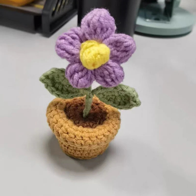 1/2/4Pcs DIY Handwoven Mini Potted Flower Rose Office Desktop Ornamental Potted Plants Woolen Thread Finished Product Home Decor